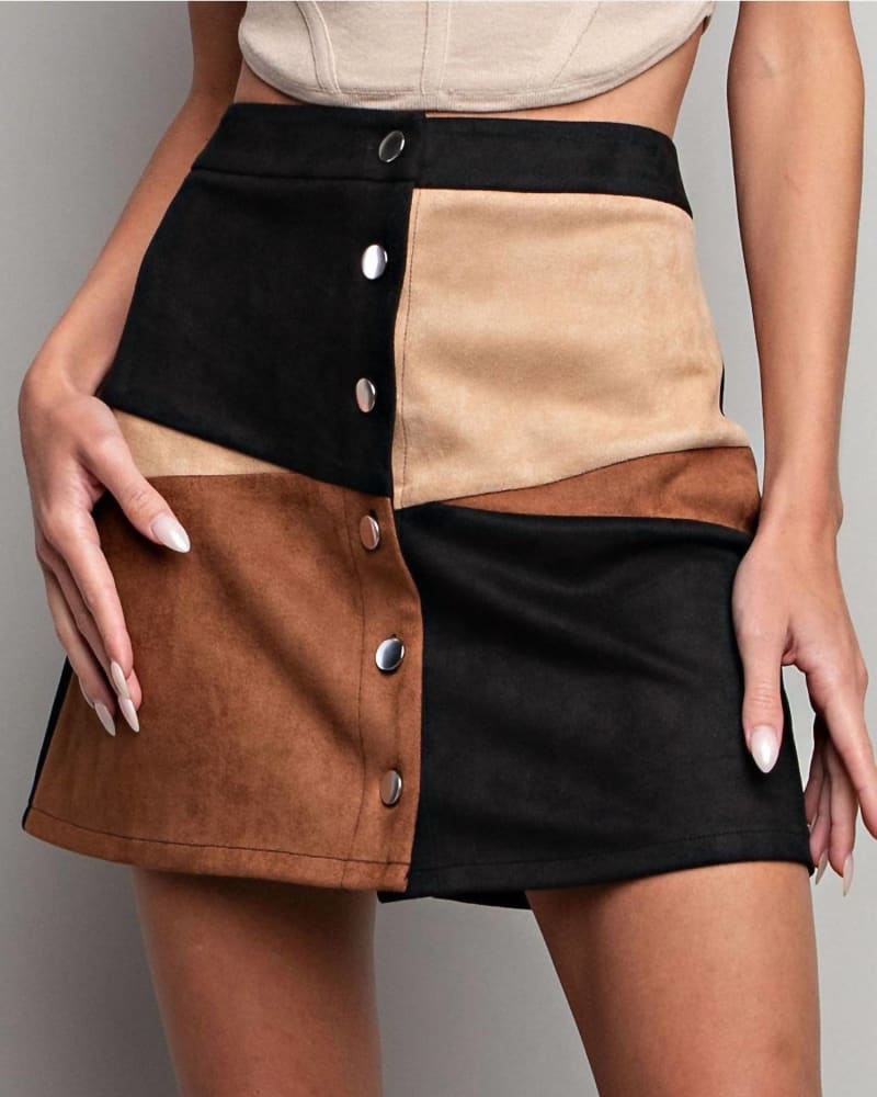 Front of a model wearing a size Large Color Block Button Down Mini Skirt In Black/Brown/Tan in Black/Brown/Tan by ee:some. | dia_product_style_image_id:351440